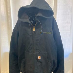 Men’s black carhartt zip up work jacket with hood, large (with other logo)